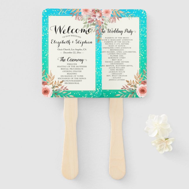 Éventail Programmes de mariage Moderne rose Floral Turquois (Devant et derrière)
