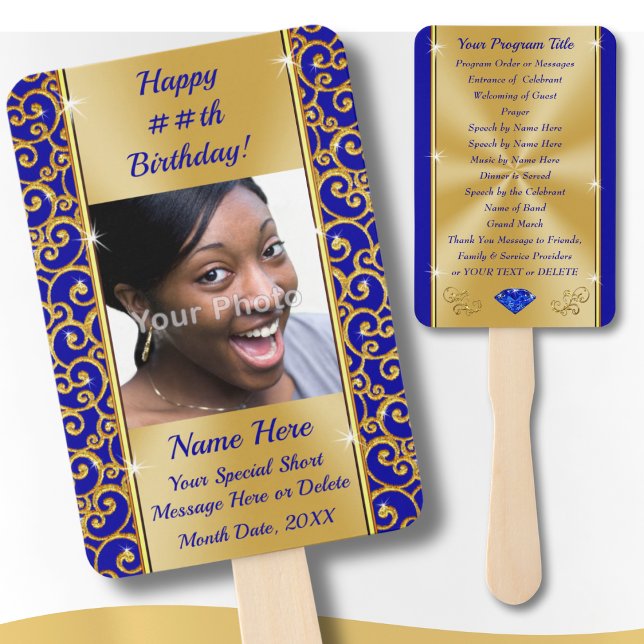 Éventail Programmes personnalisés pour fêtes d'anniversaire (Personalized, Birthday Party Programs for Adults. Royal blue and gold, birthday party hand fans. )