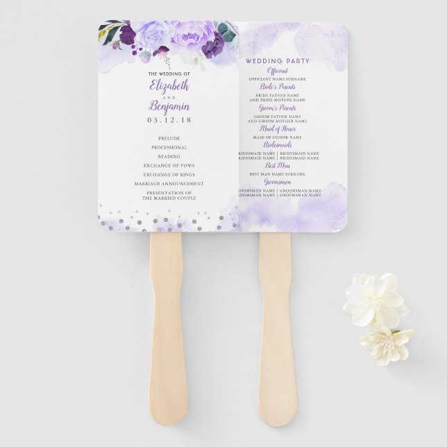 Éventail Puprle et Argent Élégant programme de mariage flor (Devant et derrière)