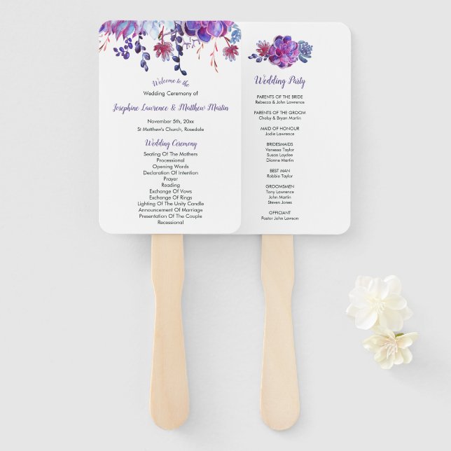 Éventail Purple Aquarelle Succulents Programmes de mariage (Devant et derrière)