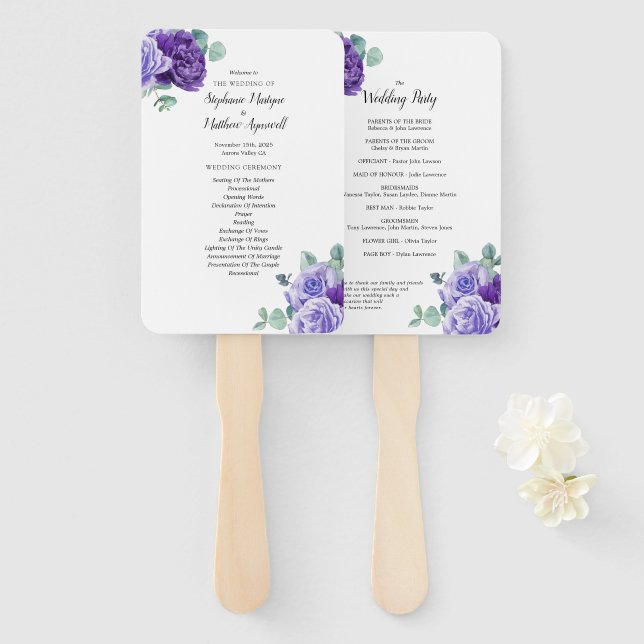 Éventail Purple Blooms Eucalyptus Programme de mariage bota (Devant et derrière)