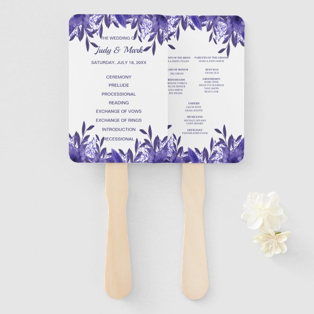 Éventail Purple Blue Floral Foliage Programme de mariage Ve (Devant et derrière)
