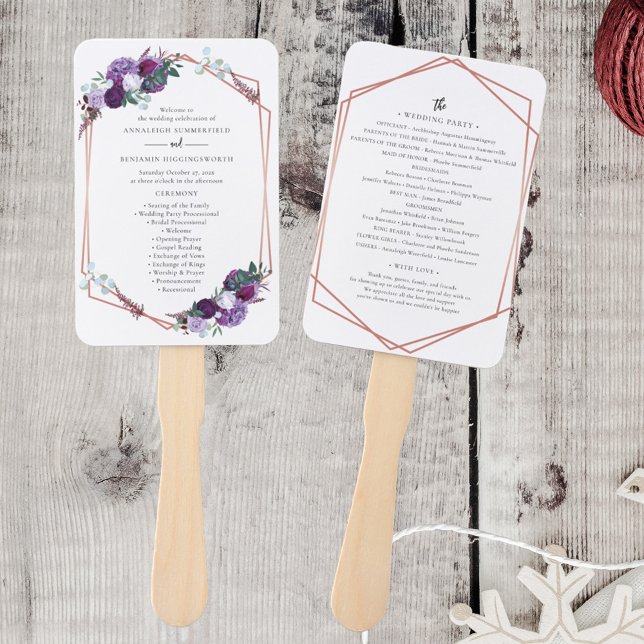 Éventail Purple Floral Rose Gold Bloom Wedding Programme (Purple Floral Wedding Program Hand Fan)