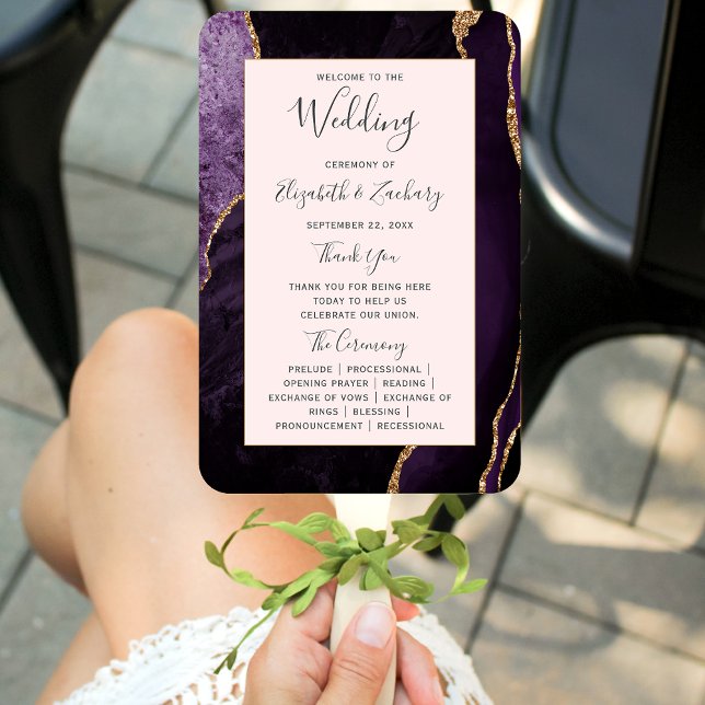 Éventail Purple Gold Agate Blush Pink Wedding Programme (Créateur téléchargé)