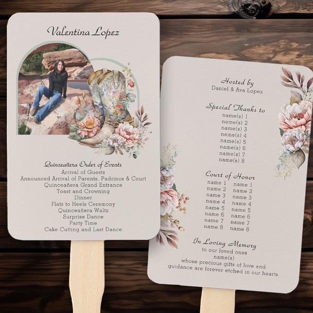 Éventail Quinceanera Ordre des événements Boots floraux Boh (Order of Events program fans from my Boho Floral Cowgirl Boots Quinceanera Collection
)