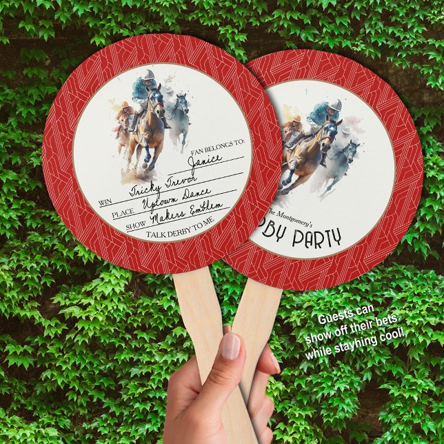Éventail Racehores et Jockeys Derby Party Rouge (Guests can write their derby bets on one side of these hand fans and stay cool at your party.)
