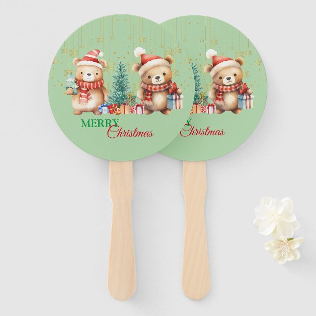 Éventail Red Green teddy Bear Père Noël Joyeux Noël Party (Devant et derrière)