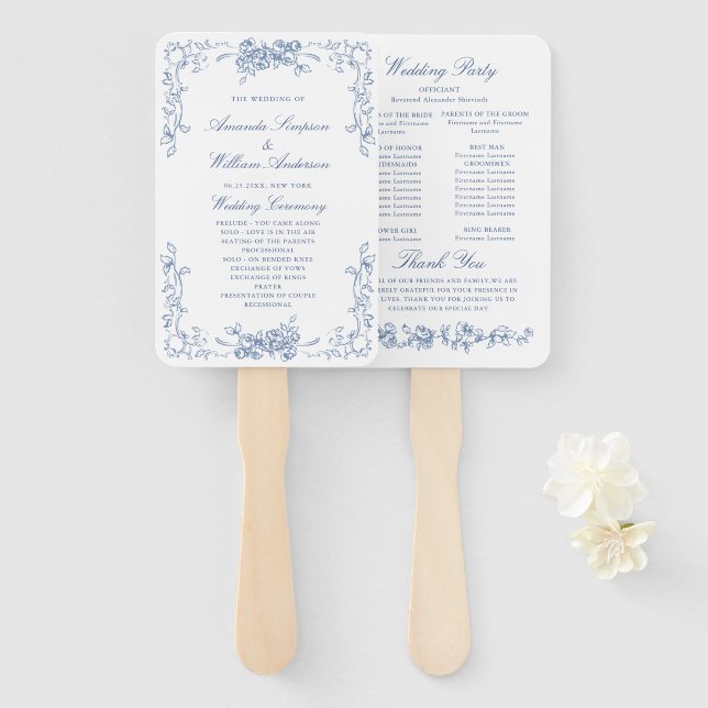 Éventail Renaissance Ornate Blue Mariage Cérémonie Programm (Devant et derrière)