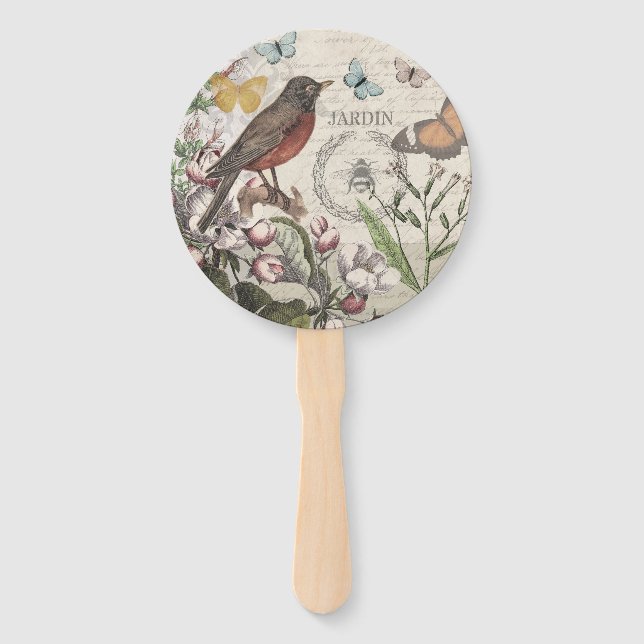 Éventail Robin Elegant Bird Butterfly French Art (Devant)