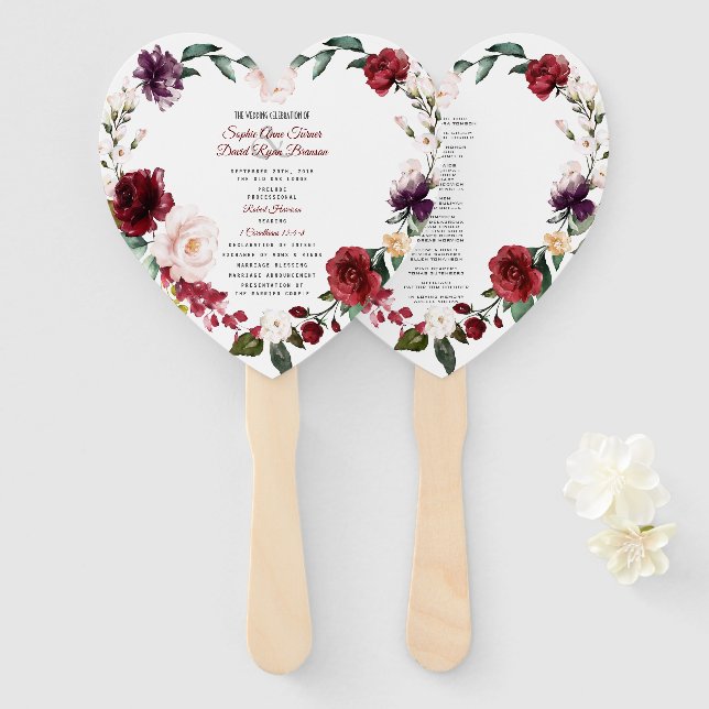 Éventail Romantique Bourgogne rose de mariage floral (Devant et derrière)