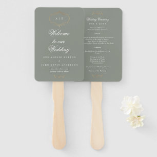 Éventail romantique classique or monogramme sauge vert mari
