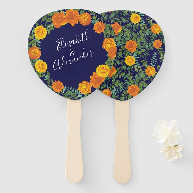 Éventail Rose bleu et orange Floral Mariage moderne (Devant et derrière)