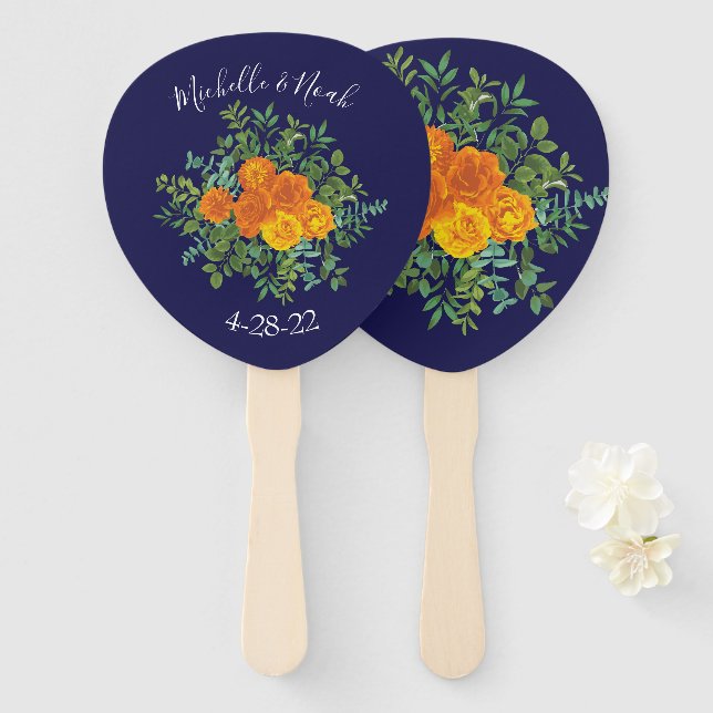 Éventail Rose bleu et orange Floral Mariage moderne (Devant et derrière)