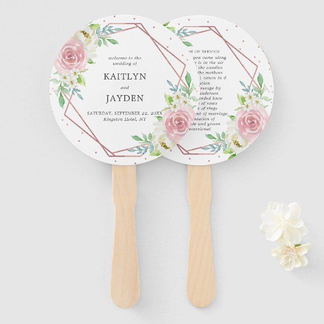 Éventail Rose géométrique chic Gold Foil Mariage floral (Devant et derrière)
