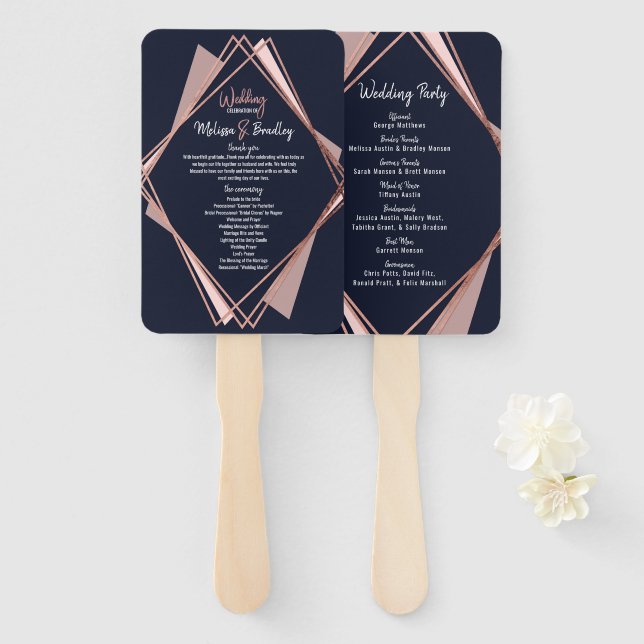 Éventail Rose Gold Marine Blue Mauve Programmes géométrique (Devant et derrière)