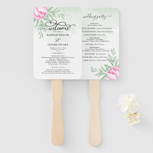 Éventail Rose Pink Gold Floral Programme de mariage vert (Devant et derrière)