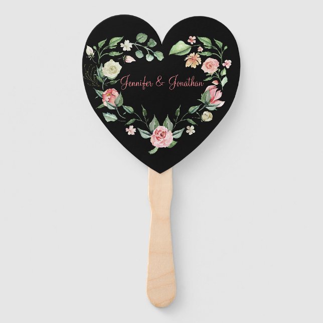 Éventail Rose romantique rose  Mariage de coeur |Noir (Devant)