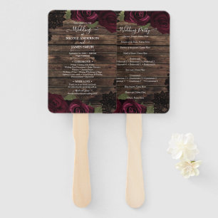 Éventail Roses de Bourgogne Bois Dentelle Noire Floral Mari