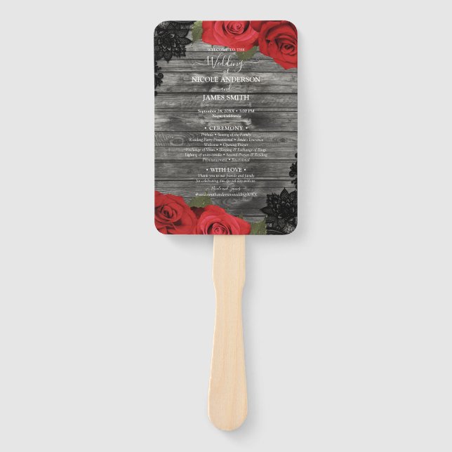 Éventail Roses rouges Bois rustique Mariage dentelle noire (Devant)