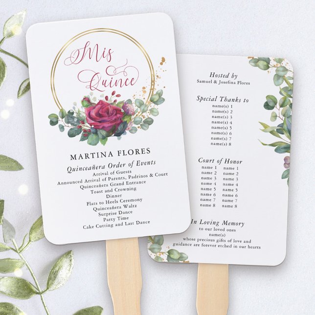 Éventail Roses rouges et Eucalyptus Ordre des événements Fa (Mis Quince Programs, printed on hand fans. Add any info you wish such as order of events, VIP names)