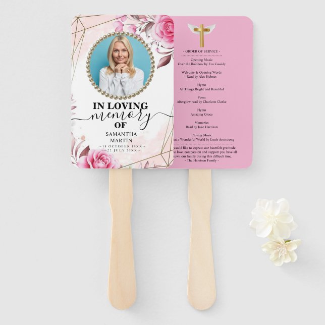 Éventail Rosy Blush Funeral Celebration of Life Hand Fan (Devant et derrière)