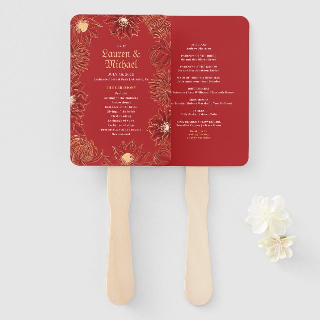 Éventail Rouge Lotus Nénuphar Fleur Oriental Floral Mariage (Devant et derrière)