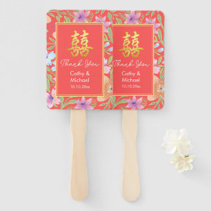 Éventail Rouge Peranakan floral double xi mariage chinois