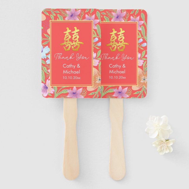 Éventail Rouge Peranakan floral double xi mariage chinois (Devant et derrière)