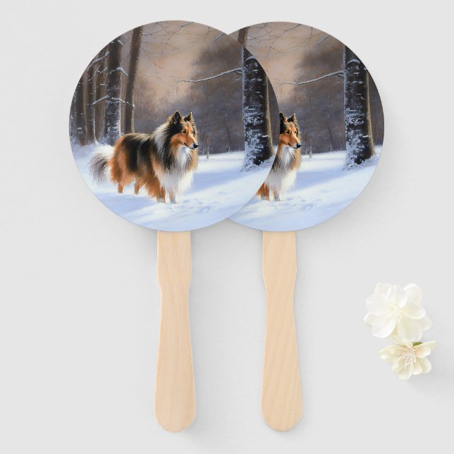 Éventail Rough Collie Laisser Neige Noël (Devant et derrière)