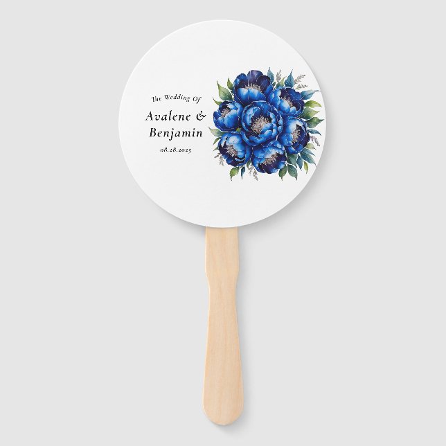 Éventail Royal Blue and Silver Glittery Peony Mariage (Devant)