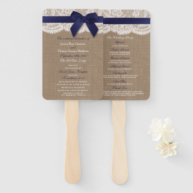 Éventail Ruban de la Marine sur Burlap & Lace Wedding Progr (Devant et derrière)