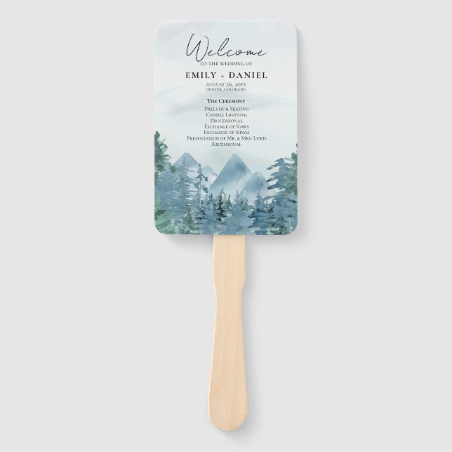 Éventail Rustic Blue-Green Mountains Programme de mariage (Devant)