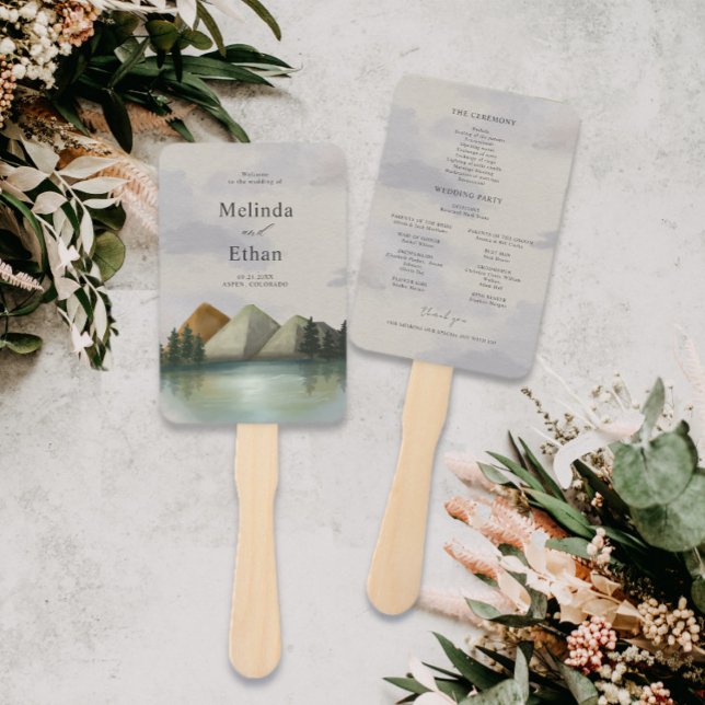 Éventail Rustic Mountain & Lake Evergreen Wedding Program (Créateur téléchargé)