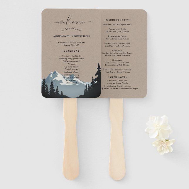 Éventail Rustic Mountain Woodland Forest Wedding Programme (Devant et derrière)