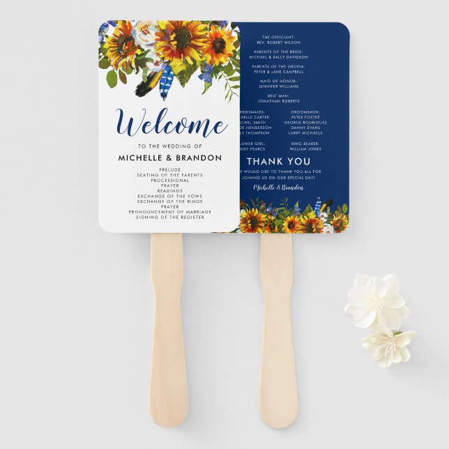 Éventail Rustic Navy Sunflower Boho Programme de mariage (Devant et derrière)