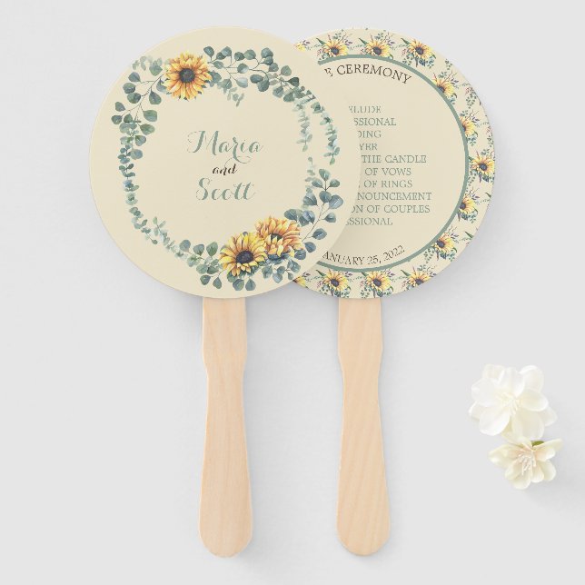 Éventail Rustic Sunflower Botanical Détails du Mariage (Devant et derrière)