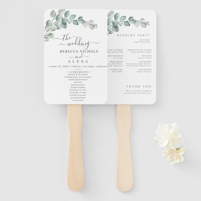 Éventail Rustic Watercolor Eucalyptus Greenery Wedding (Devant et derrière)
