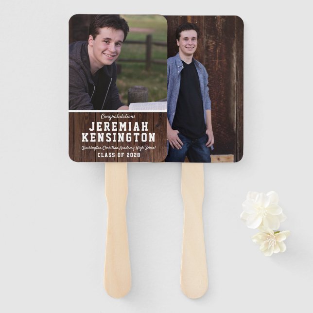 Éventail Rustic Wood Graduation Homme Photo (Devant et derrière)