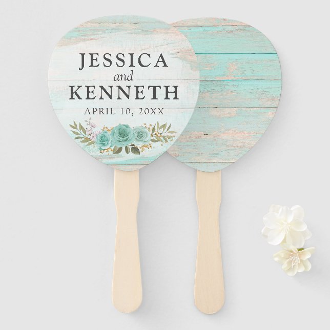 Éventail Rustic Wood Turquoise Floral Noms & Mariage Date (Devant et derrière)