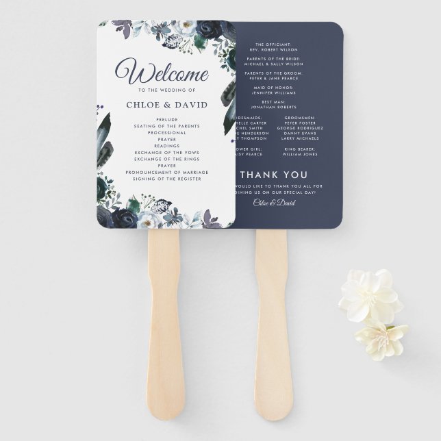 Éventail Rustique Boho Blue Floral Wedding Programme (Devant et derrière)
