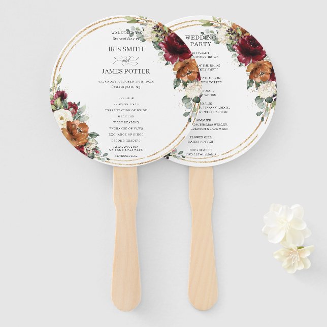 Éventail Rustique Bourgogne Ivory Floral Rust Wedding Progr (Devant et derrière)