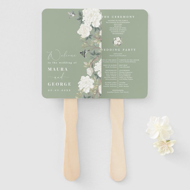Éventail Sage Green Ivory Chinoiserie Programme de mariage (Devant et derrière)
