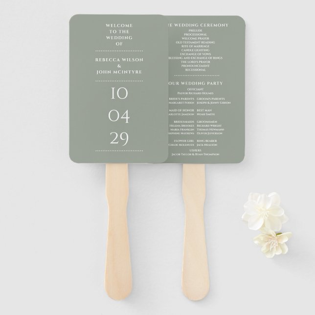 Éventail Sage Green Programme spécial Date de mariage (Devant et derrière)
