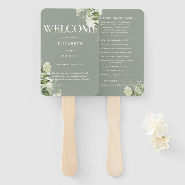 Éventail Sage Green Typographie Florale Programme de mariag (Devant et derrière)