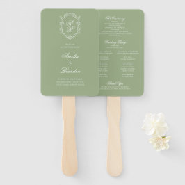Éventail Sage Green & White Monogram Crest Wedding Program