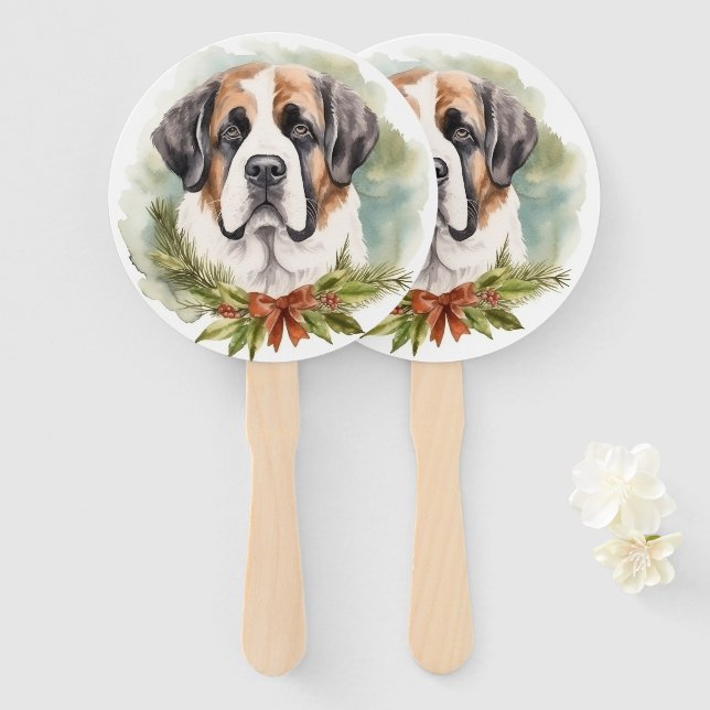 Éventail Saint Bernard Christmas Wreath Festive Pup (Devant et derrière)