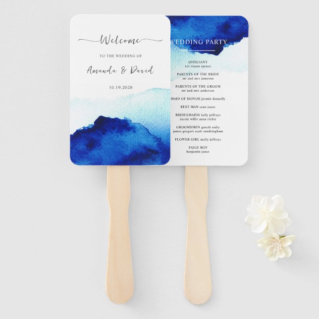 Éventail Script moderne Aquarelle Indigo Mariage bleu (Devant et derrière)