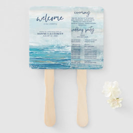 Éventail Sea Blue Beach Waves Programme de mariage aquarell