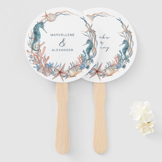 Éventail Sea Wreath | Mariage Watercolor Beach (Devant et derrière)