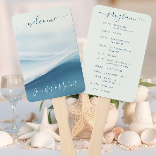 Éventail Serene Blue Beach Wedding Program (Serene Blue Abstract Wedding Program Hand Fan )
